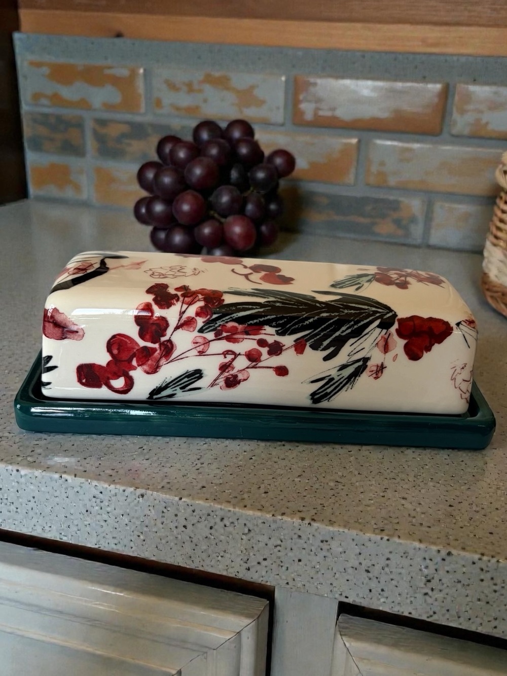 Anthropologie Butter Dish Holly & Pear Ceramic white green red NEW